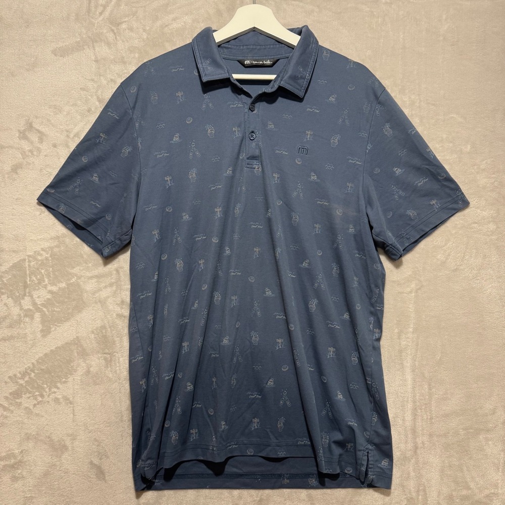 Travis Mathew Mens XL Blue Beer Good Times Print‎ Pima Cotton Golf Polo Shirt